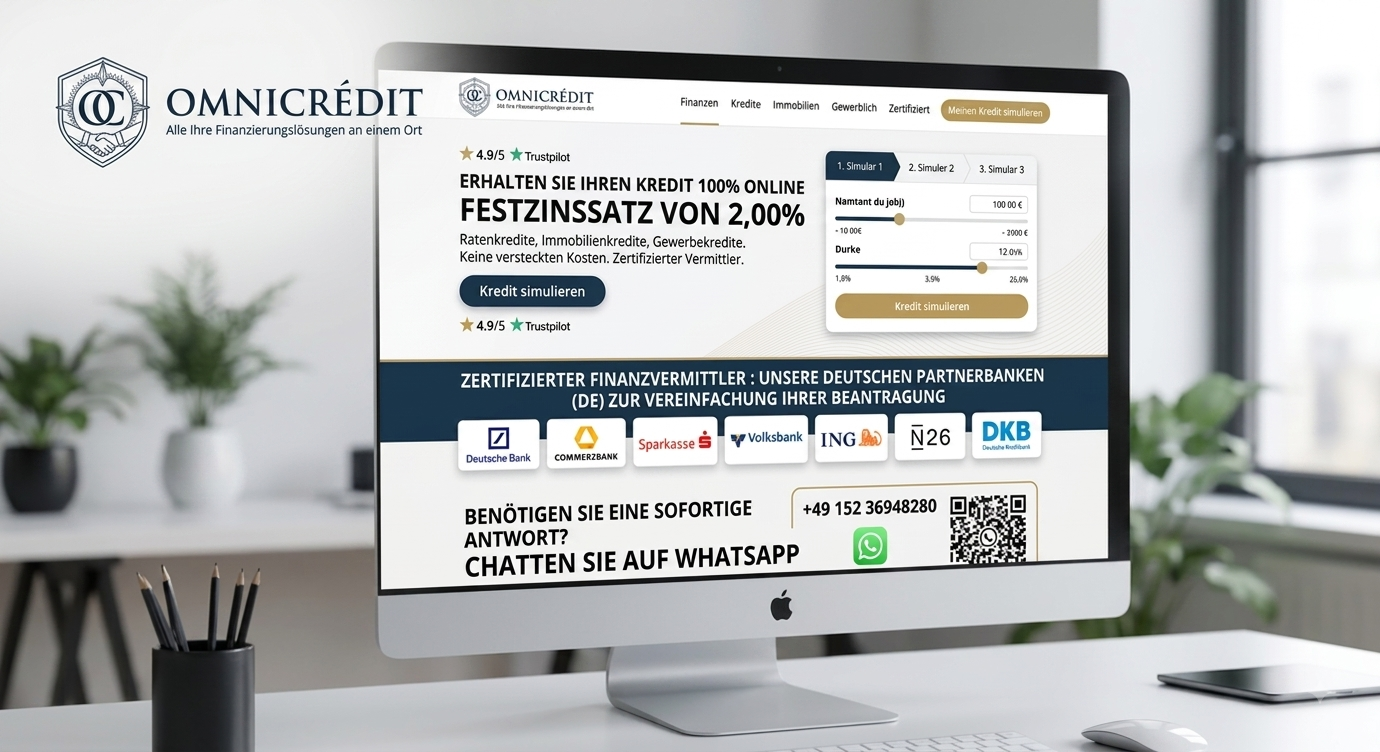 Omnicrédit Kreditplattform auf einem Desktop-Bildschirm mit Kreditsimulator