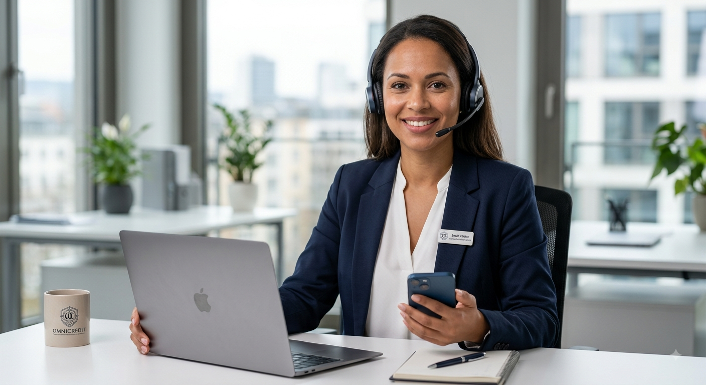 Beraterin von Omnicrédit mit Headset am Schreibtisch